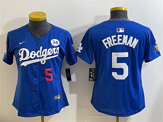 Women's Los Angeles Dodgers #5 Freddie Freeman Royal 2024 World Series With No. 34 Patch Alternate Limited Stitched Baseball Jersey(Run Small) Women's Los Angeles Dodgers #5 Freddie Freeman Royal 2024 World Series With No. 34 Patch Alternate Limited Stitched Baseball Jersey(Run Small)